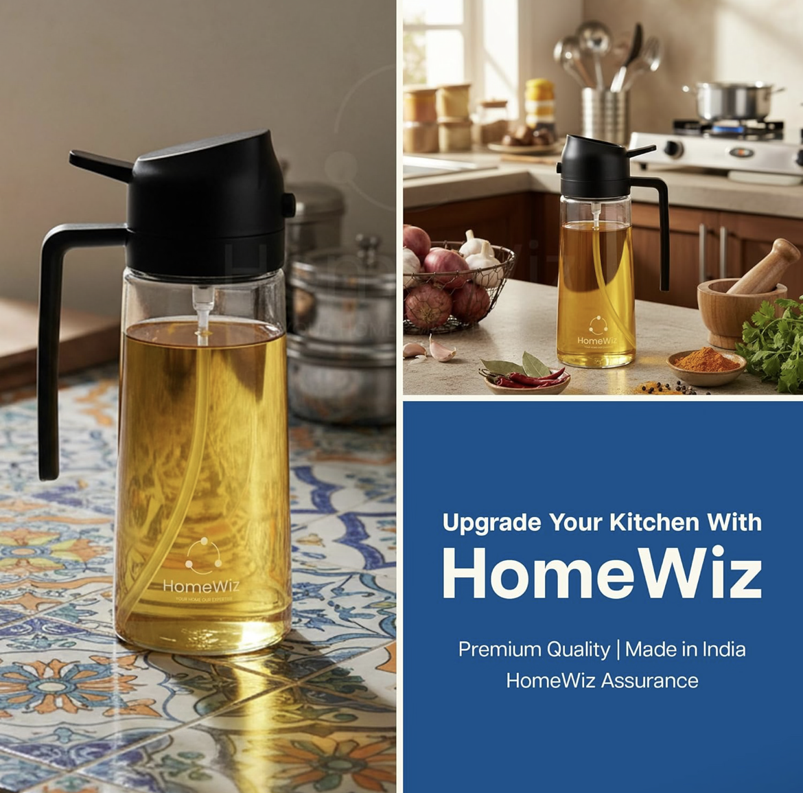HomeWiz Oil Dispenser For Kitchen Glass Bottle 500 ml | 3-in-1 Mode Oil Sprayer, Cooking, Salad & BBQ | Stream, Spray & Pour Mist | Precision Refillable Bottle for Olive & Vinegar | Leakproof | Black