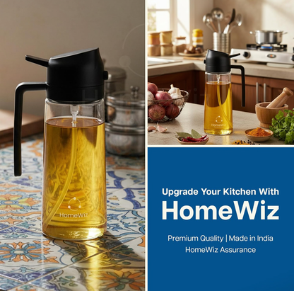 HomeWiz Oil Dispenser For Kitchen Glass Bottle 500 ml | 3-in-1 Mode Oil Sprayer, Cooking, Salad & BBQ | Stream, Spray & Pour Mist | Precision Refillable Bottle for Olive & Vinegar | Leakproof | Black