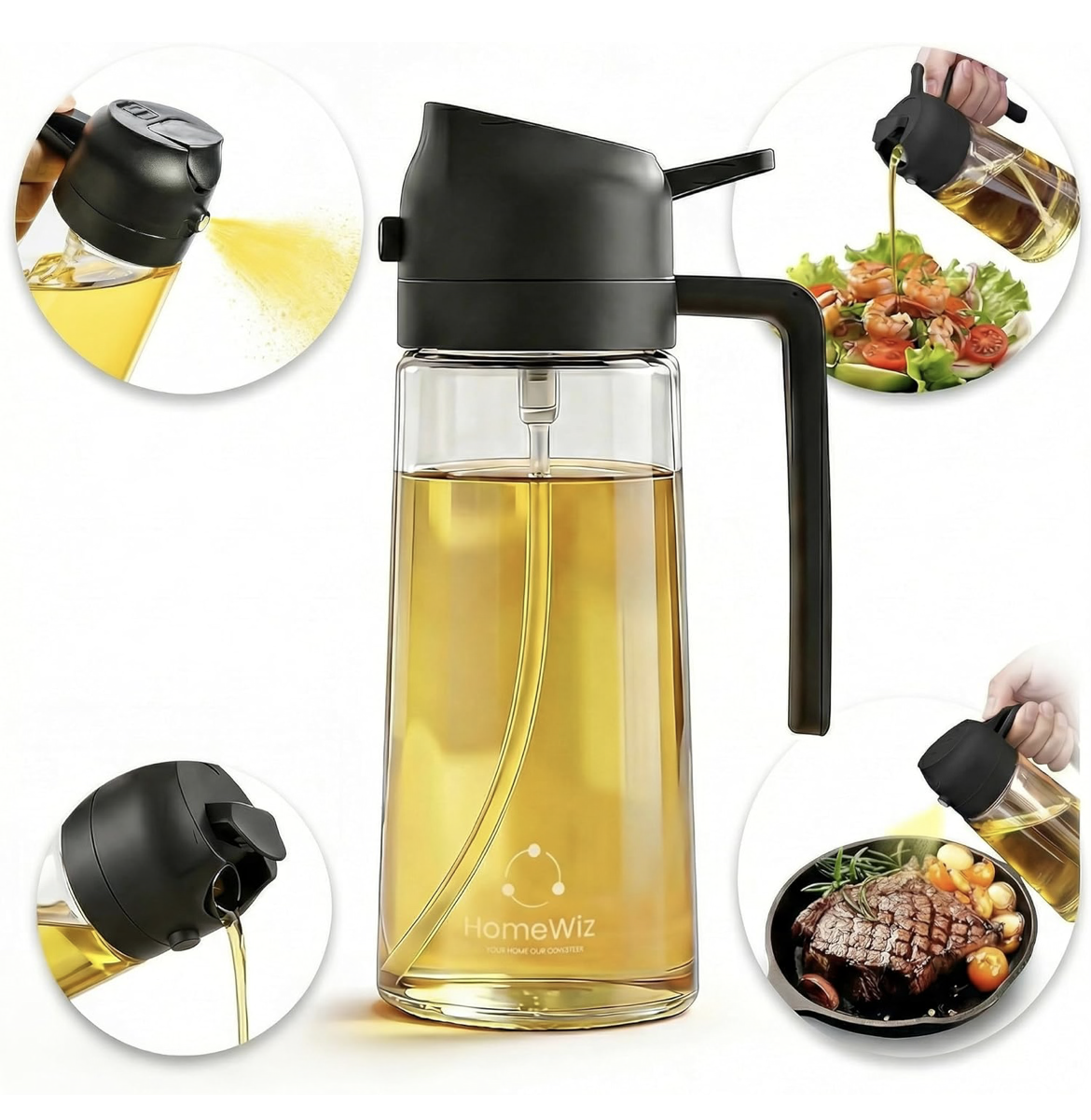 HomeWiz Oil Dispenser For Kitchen Glass Bottle 500 ml | 3-in-1 Mode Oil Sprayer, Cooking, Salad & BBQ | Stream, Spray & Pour Mist | Precision Refillable Bottle for Olive & Vinegar | Leakproof | Black