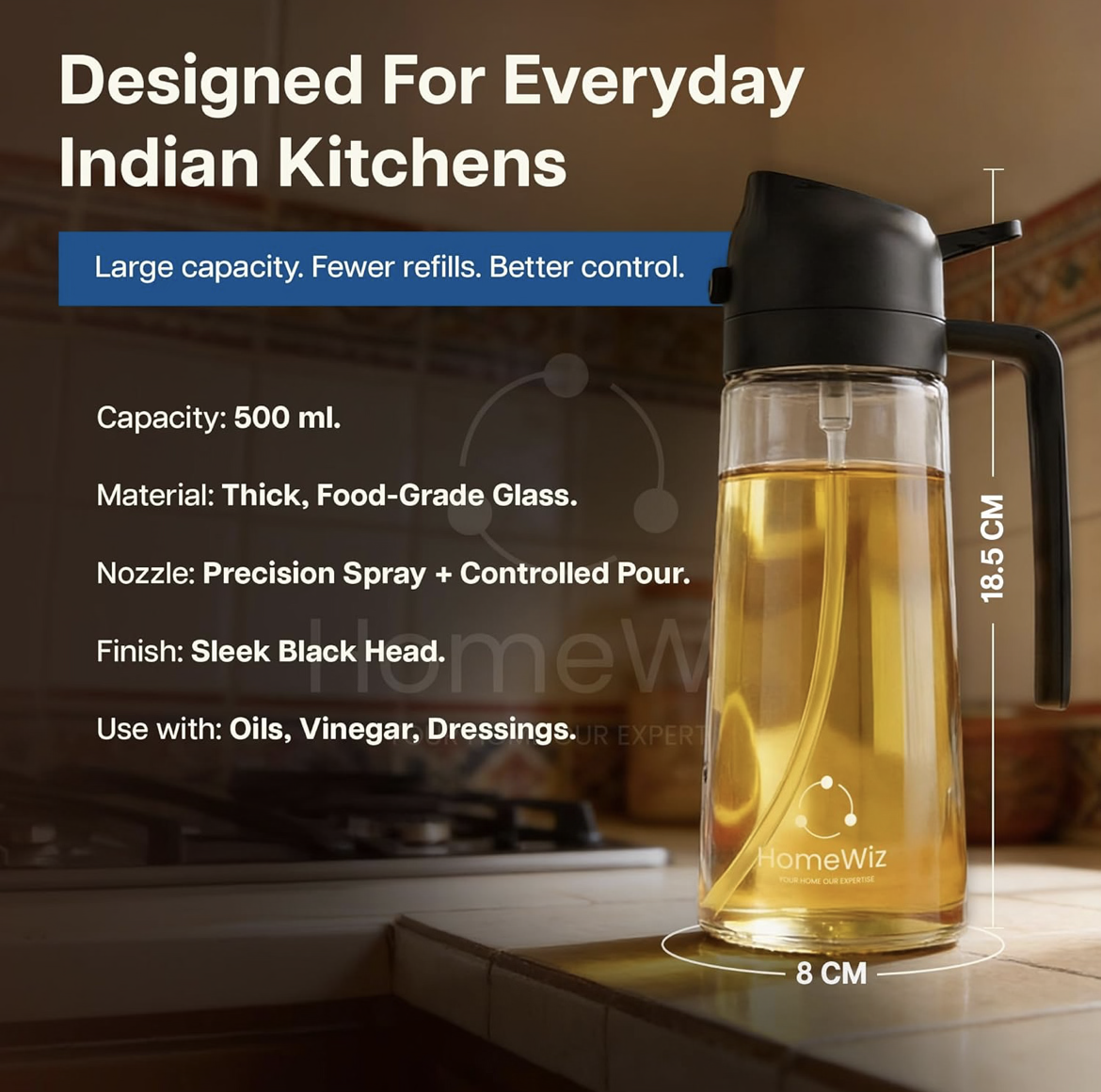 HomeWiz Oil Dispenser For Kitchen Glass Bottle 500 ml | 3-in-1 Mode Oil Sprayer, Cooking, Salad & BBQ | Stream, Spray & Pour Mist | Precision Refillable Bottle for Olive & Vinegar | Leakproof | Black