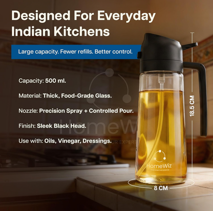 HomeWiz Oil Dispenser For Kitchen Glass Bottle 500 ml | 3-in-1 Mode Oil Sprayer, Cooking, Salad & BBQ | Stream, Spray & Pour Mist | Precision Refillable Bottle for Olive & Vinegar | Leakproof | Black
