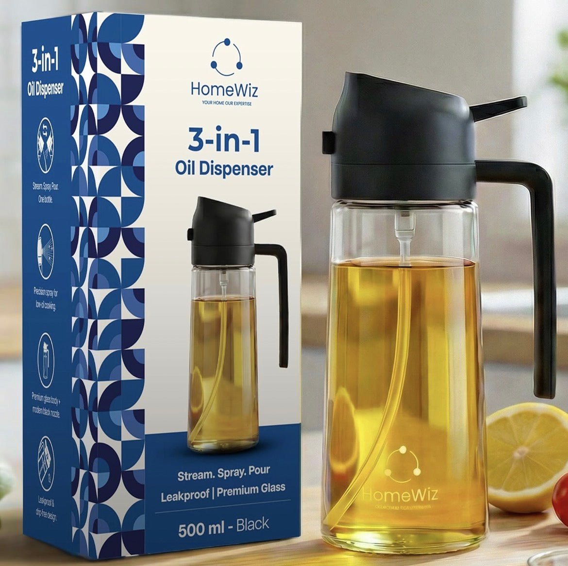 HomeWiz Oil Dispenser For Kitchen Glass Bottle 500 ml | 3-in-1 Mode Oil Sprayer, Cooking, Salad & BBQ | Stream, Spray & Pour Mist | Precision Refillable Bottle for Olive & Vinegar | Leakproof | Black