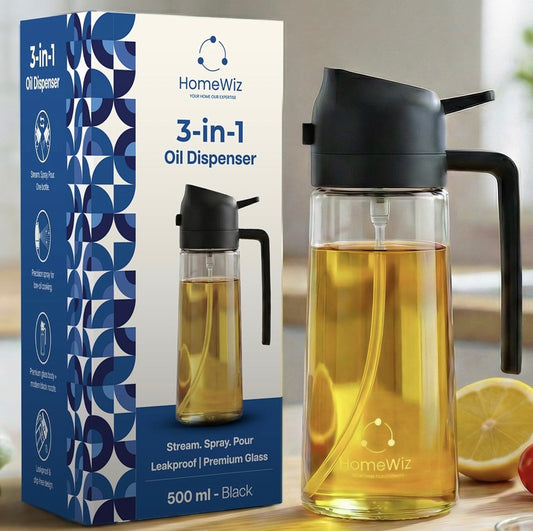 HomeWiz Oil Dispenser For Kitchen Glass Bottle 500 ml | 3-in-1 Mode Oil Sprayer, Cooking, Salad & BBQ | Stream, Spray & Pour Mist | Precision Refillable Bottle for Olive & Vinegar | Leakproof | Black