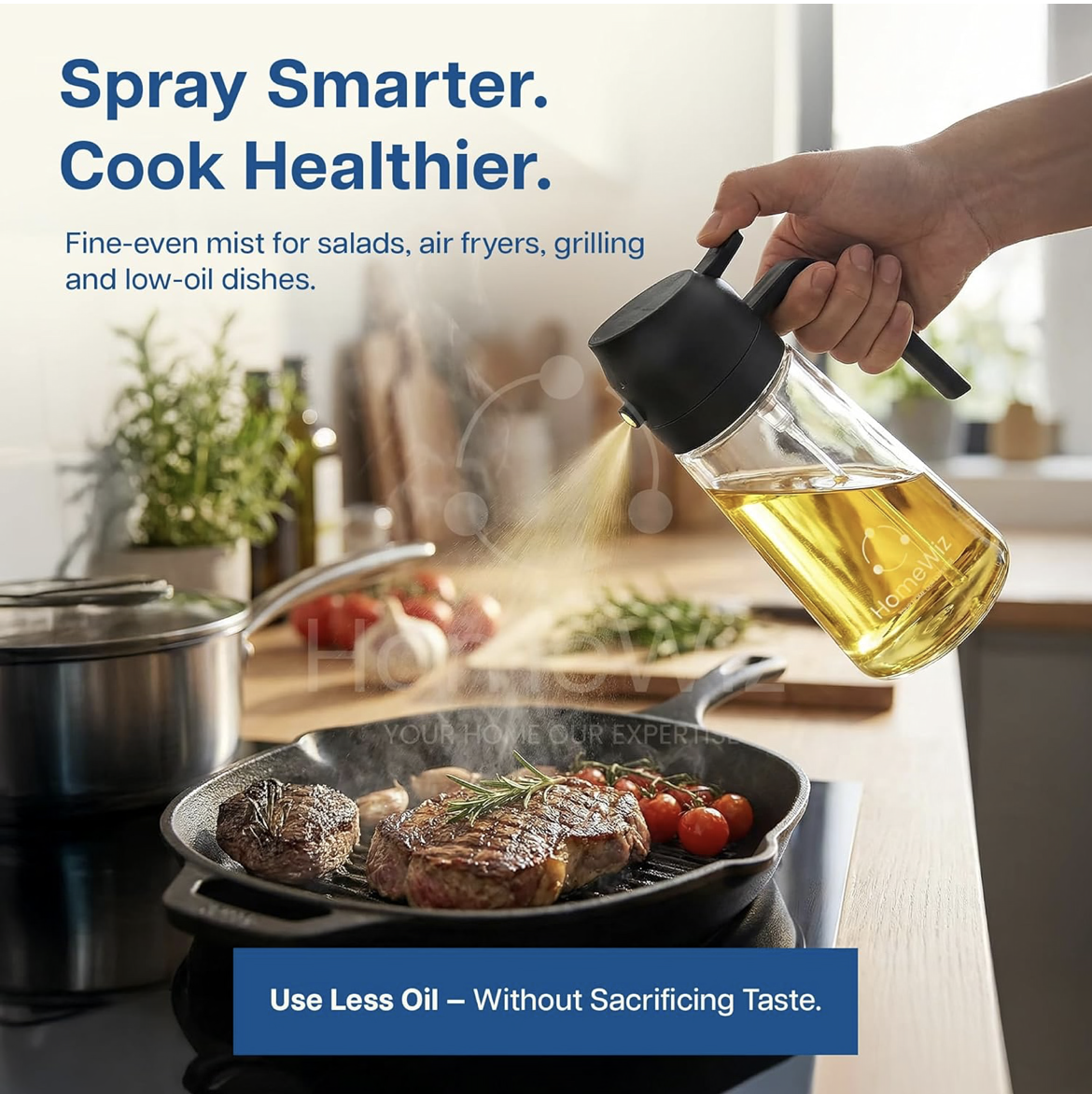 HomeWiz Oil Dispenser For Kitchen Glass Bottle 500 ml | 3-in-1 Mode Oil Sprayer, Cooking, Salad & BBQ | Stream, Spray & Pour Mist | Precision Refillable Bottle for Olive & Vinegar | Leakproof | Black