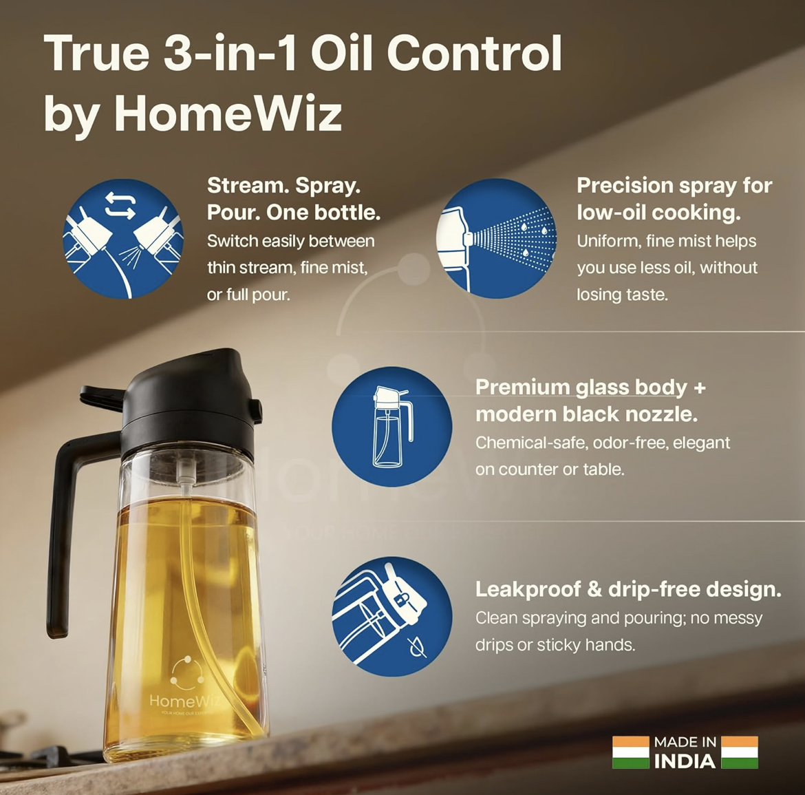 HomeWiz Oil Dispenser For Kitchen Glass Bottle 500 ml | 3-in-1 Mode Oil Sprayer, Cooking, Salad & BBQ | Stream, Spray & Pour Mist | Precision Refillable Bottle for Olive & Vinegar | Leakproof | Black