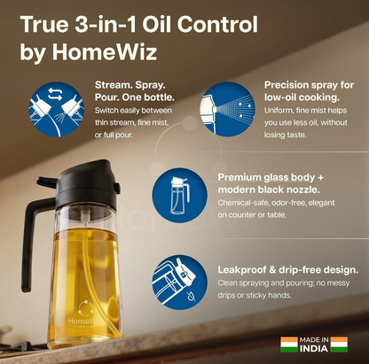 HomeWiz Oil Dispenser For Kitchen Glass Bottle 500 ml | 3-in-1 Mode Oil Sprayer, Cooking, Salad & BBQ | Stream, Spray & Pour Mist | Precision Refillable Bottle for Olive & Vinegar | Leakproof | Black